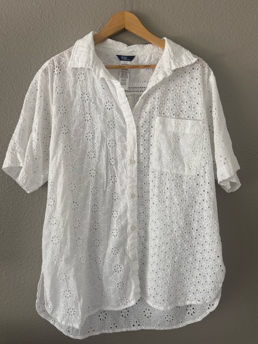 Polo Ralph Lauren White Cotton Eyelet Short Sleeve Button Up Cover-Up Shirt S